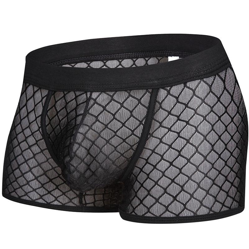 Close-up of black diamond-pattern mesh boxer briefs with a contoured front pouch