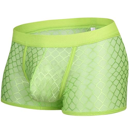 Neon green transparent mesh boxer briefs with a contoured front pouch