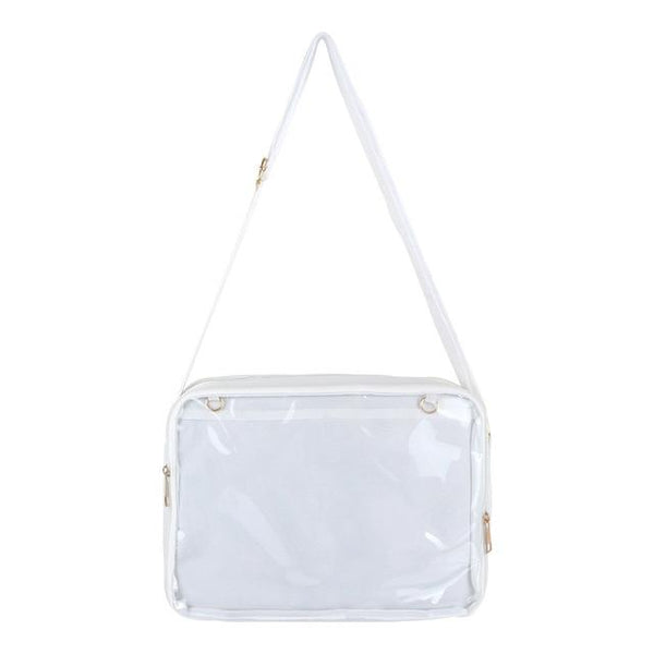 Close-up of a clear vinyl shoulder bag with a transparent front pin-display pocket