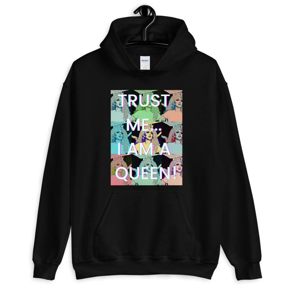 Black hoodie with colorful pop-art portraits and the slogan “TRUST ME… I AM A QUEEN!”