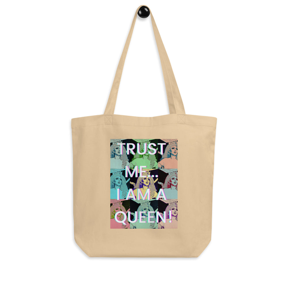 Natural canvas tote bag with colorful queen portraits and “TRUST ME… I AM A QUEEN!” text