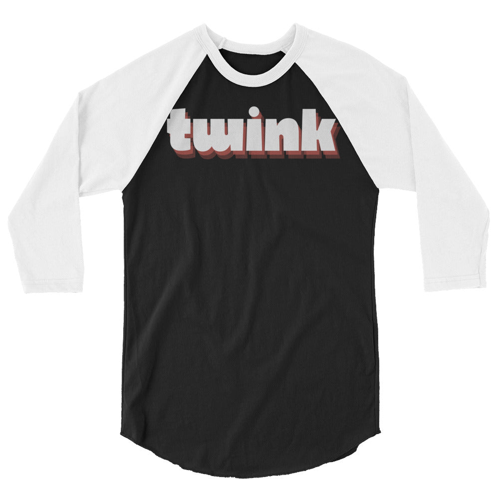 Front view of a black-and-white raglan shirt reading “twink” across the chest