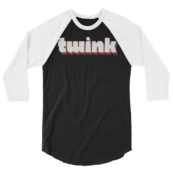 Front view of a black-and-white raglan shirt reading “twink” across the chest