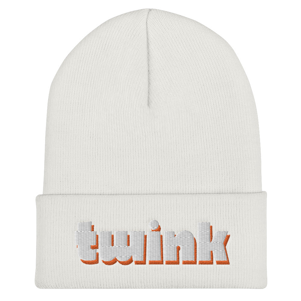 Front view of a white cuffed beanie embroidered with the word “Twink” in orange and white.