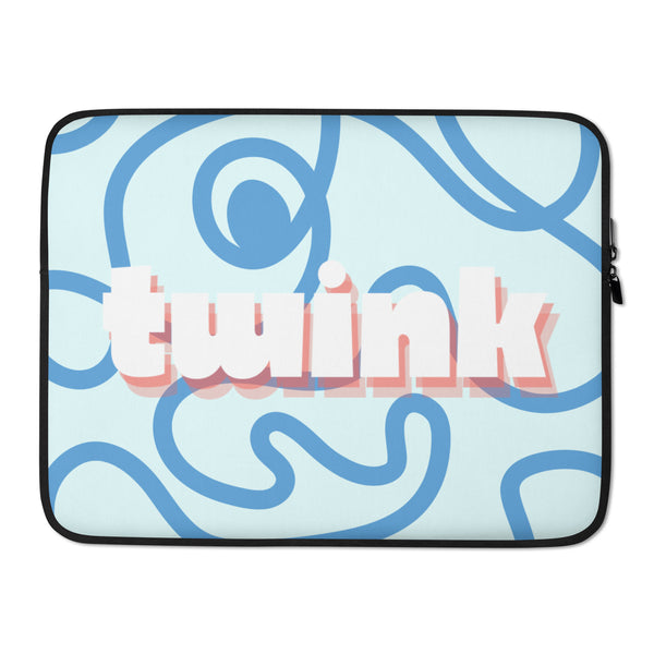 twinks in short shorts: Twink Laptop Sleeve held by person in denim shorts, fishnets, blond hair; knotted graphic tee