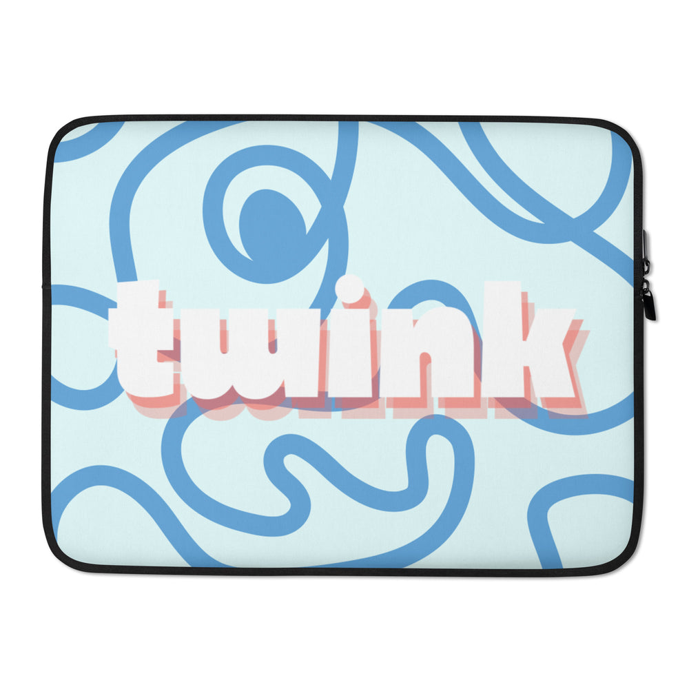 twinks in short shorts: Twink Laptop Sleeve held by person in denim shorts, fishnets, blond hair; knotted graphic tee