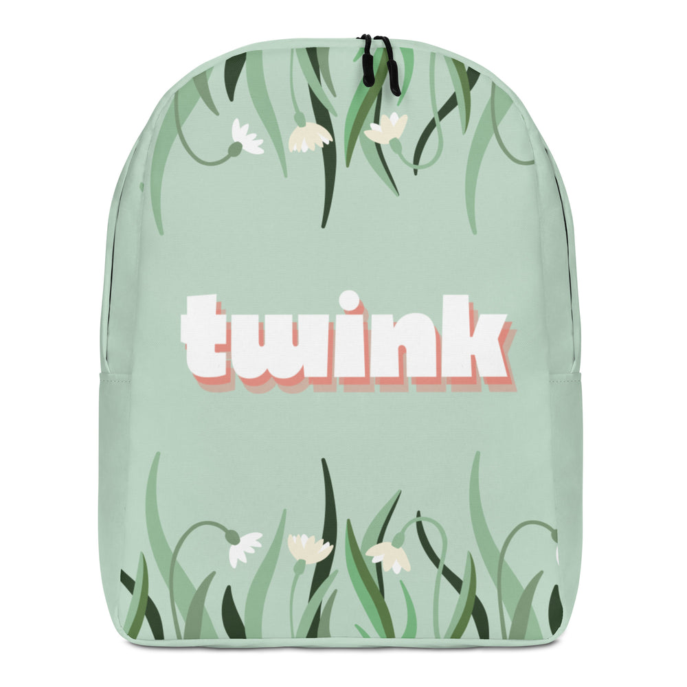 Front view of a mint-green floral backpack with “twink” in white and coral lettering