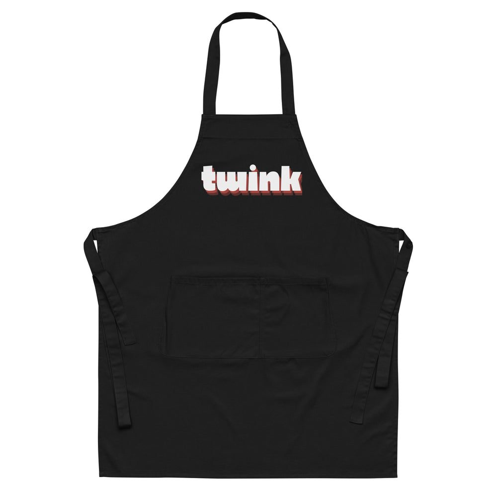 Front-view black apron with neck and waist ties, divided pocket, and “twink” lettering