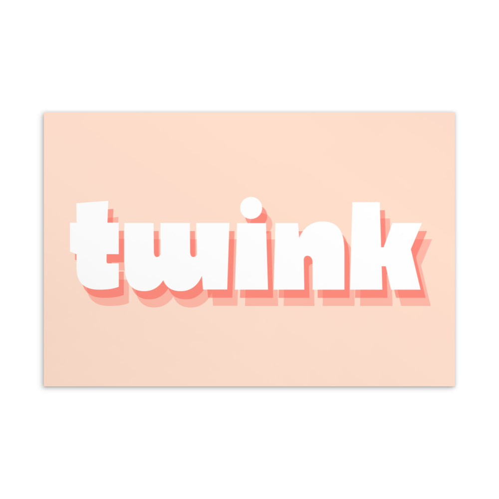 Peach postcard featuring the word “twink” in large white letters with coral shadows