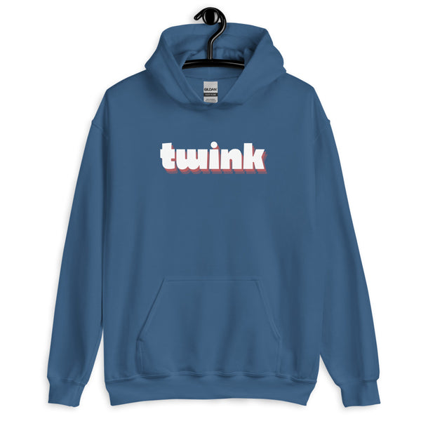 Front view of a blue pullover hoodie with white-and-pink “twink” lettering