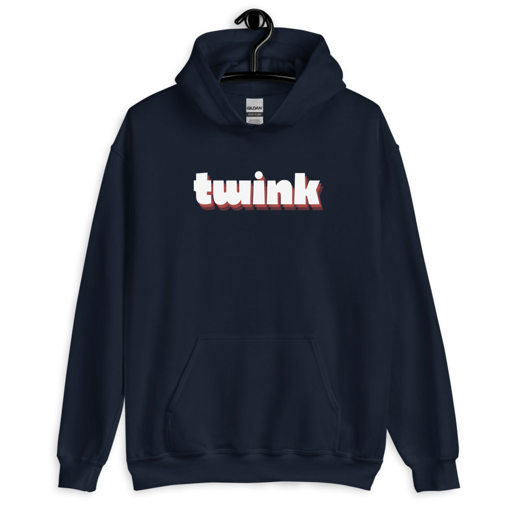 Front-view navy pullover hoodie with “twink” in white and red lettering