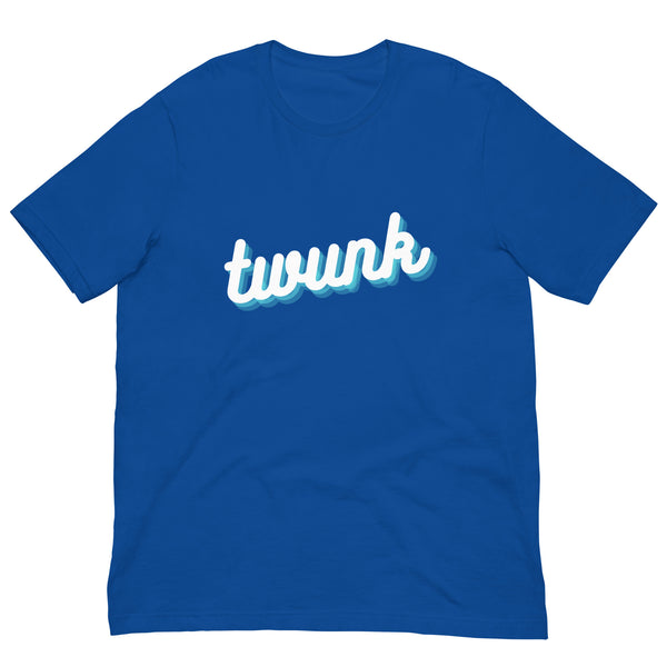 Front view of a royal-blue T-shirt with “twunk” in white script and blue shadowing
