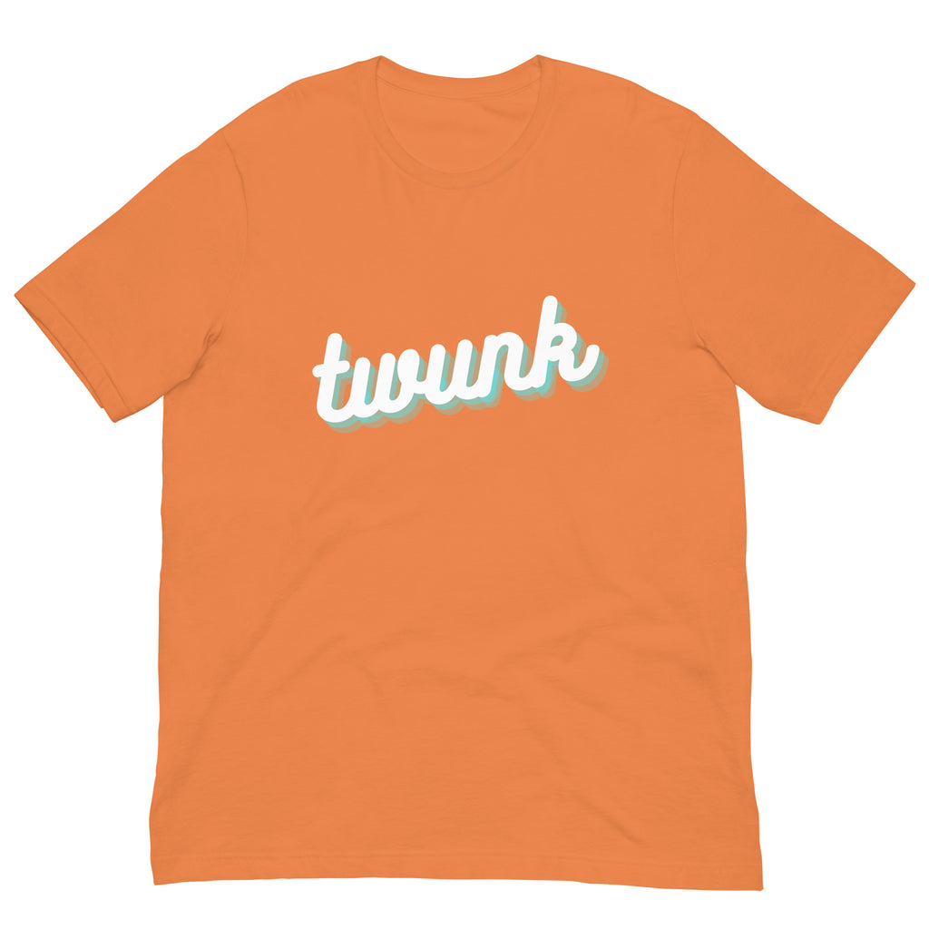 Flat-lay orange T-shirt with “twunk” in white script and turquoise shadowing