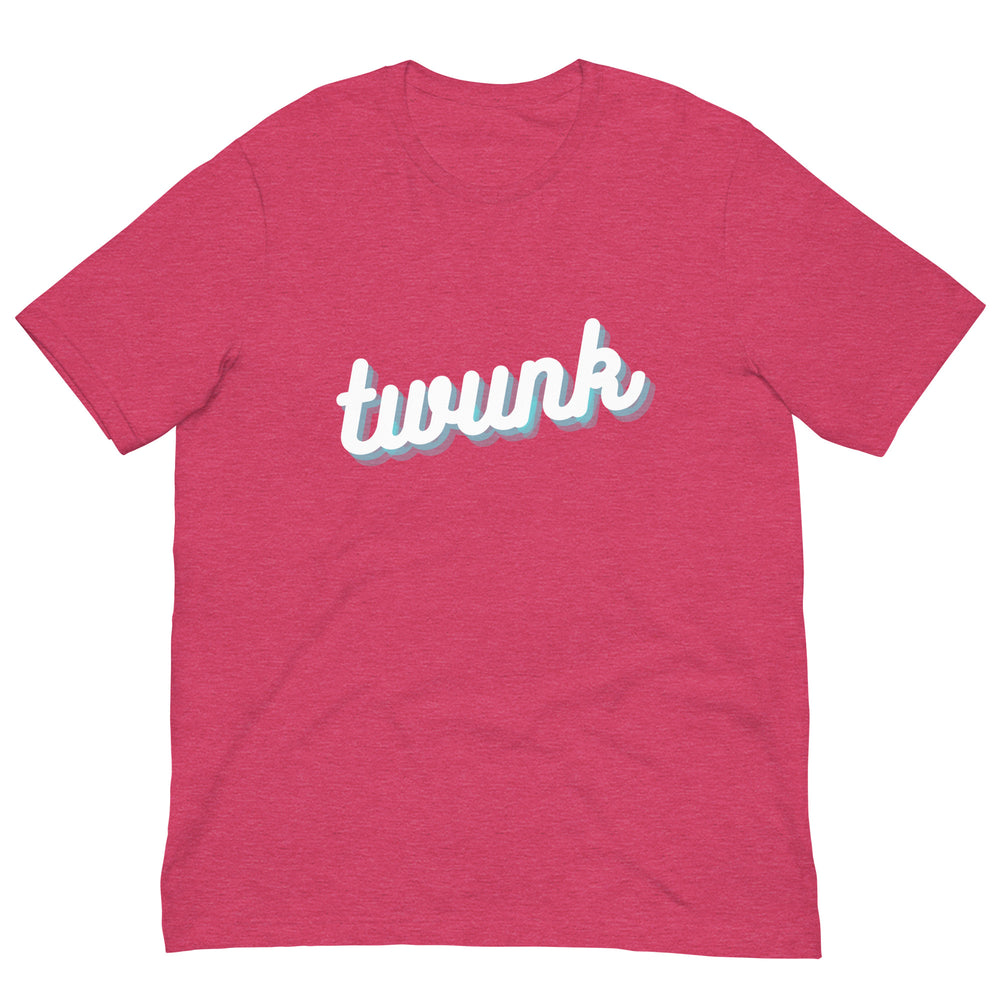 Front view of a heather raspberry T-shirt with white “twunk” lettering and blue shadow