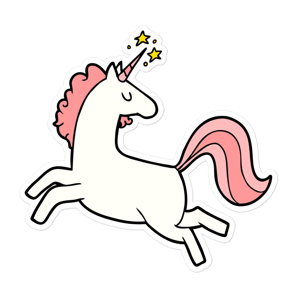 White unicorn sticker leaping with a pink mane, tail, and star-tipped horn