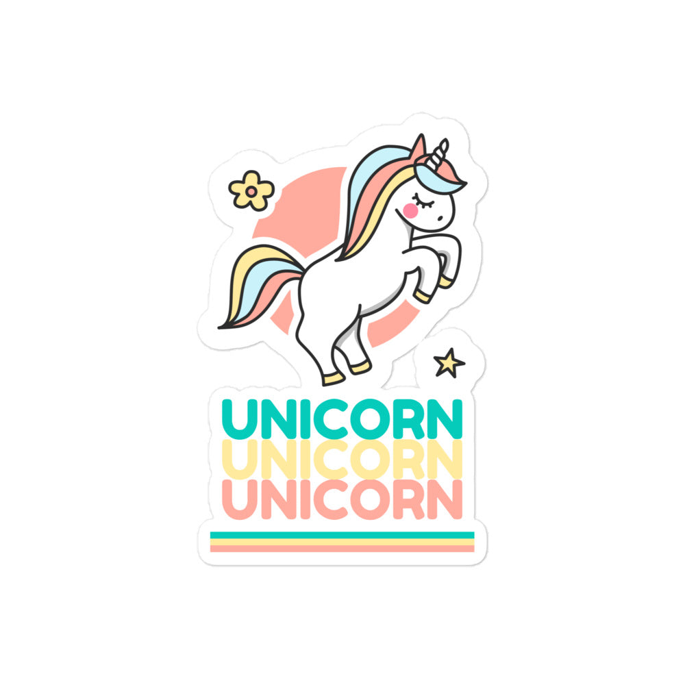 Sticker showing a leaping pastel rainbow-maned unicorn above “UNICORN” repeated three times