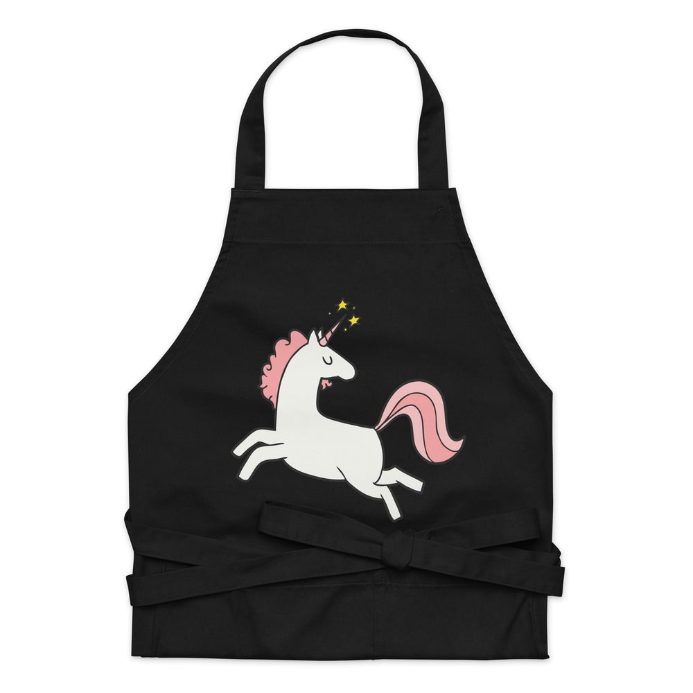 Front view of a black apron with neck loop, waist ties, and a leaping white unicorn graphic