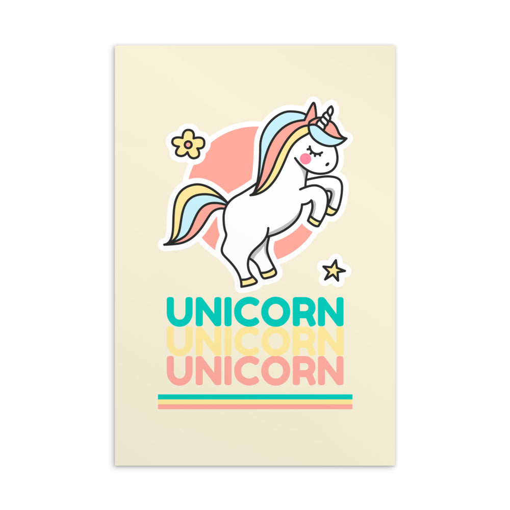 Front-facing postcard with a pastel unicorn and the word “UNICORN” repeated three times