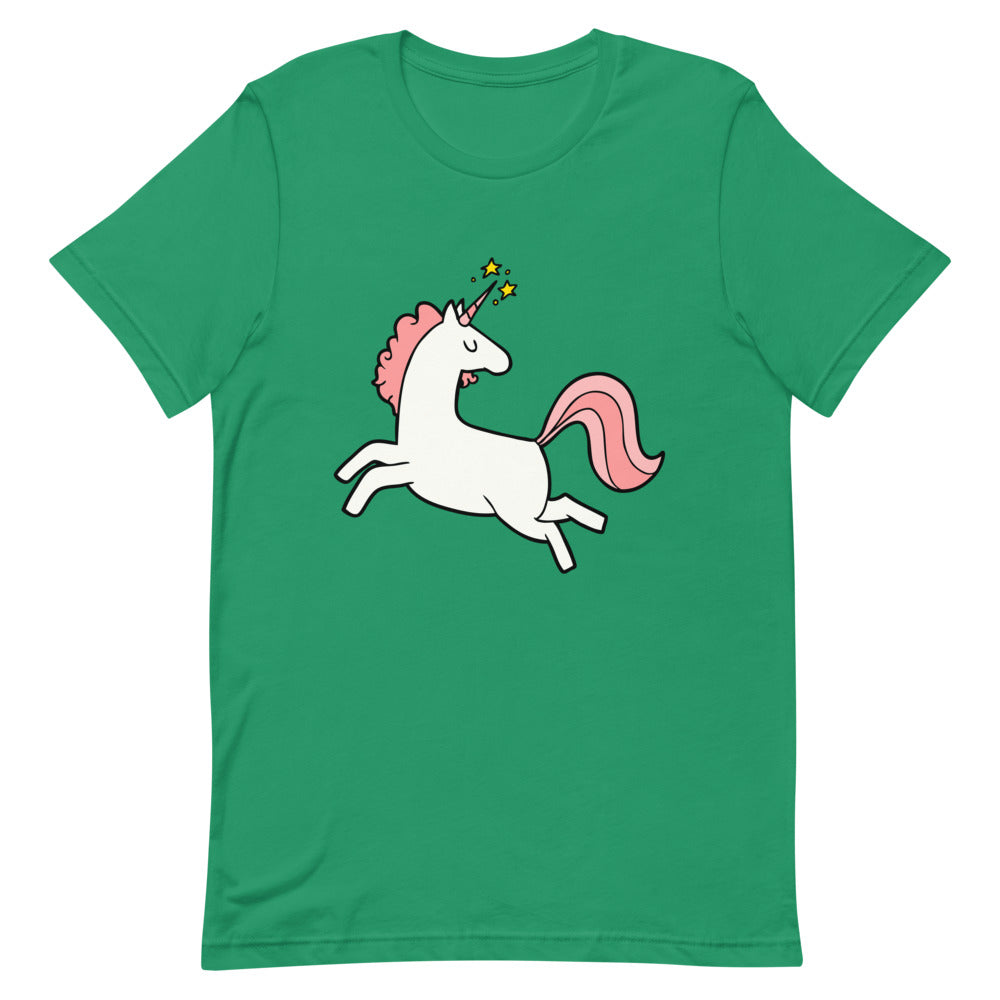 Front view of a green T-shirt with a leaping white unicorn and pink mane and tail
