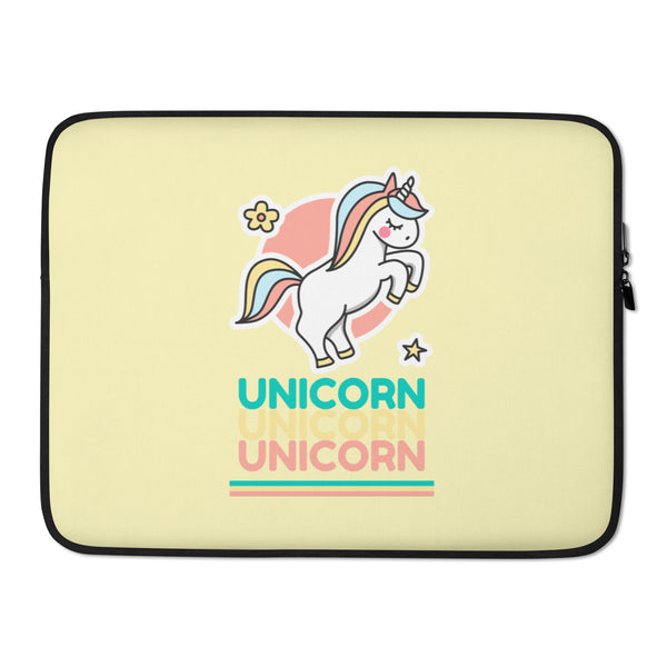 Pale yellow laptop sleeve with a pastel unicorn and the word “UNICORN” repeated three times