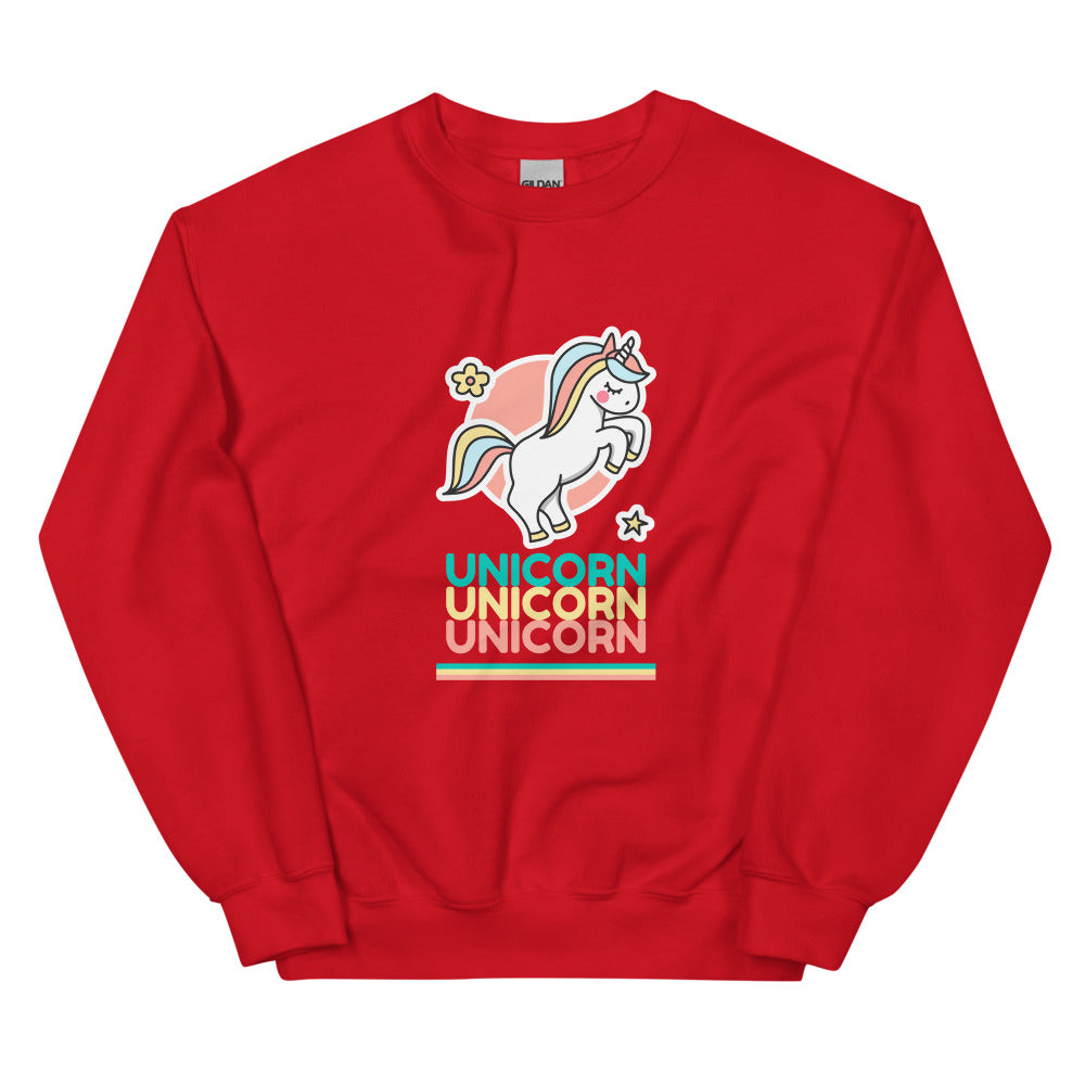 Red sweatshirt with a cartoon unicorn and the word “UNICORN” repeated three times