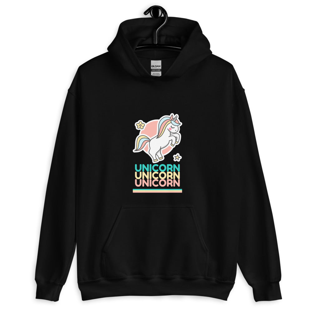 Front view of a black hoodie with a pastel unicorn graphic and repeated “UNICORN” text