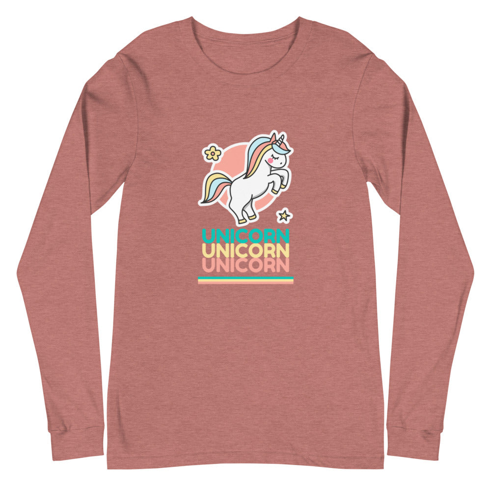 Heather mauve long-sleeve shirt with a rainbow-maned unicorn and “UNICORN” repeated three times