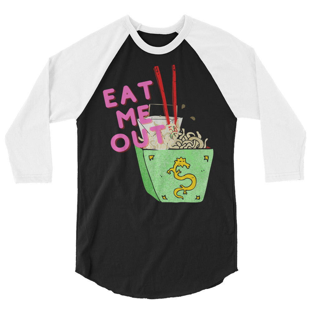 Black and white raglan shirt with pink “EAT ME OUT” text and illustrated noodle bowl
