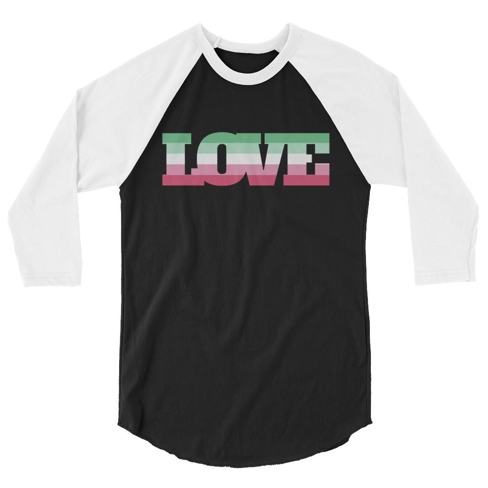 Front-facing black raglan shirt with white sleeves and striped “LOVE” lettering