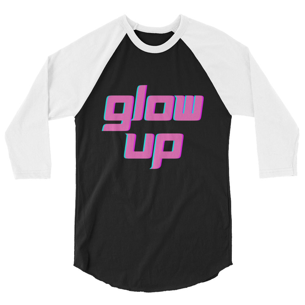 Front-facing black-and-white raglan shirt with pink and teal “glow up” lettering