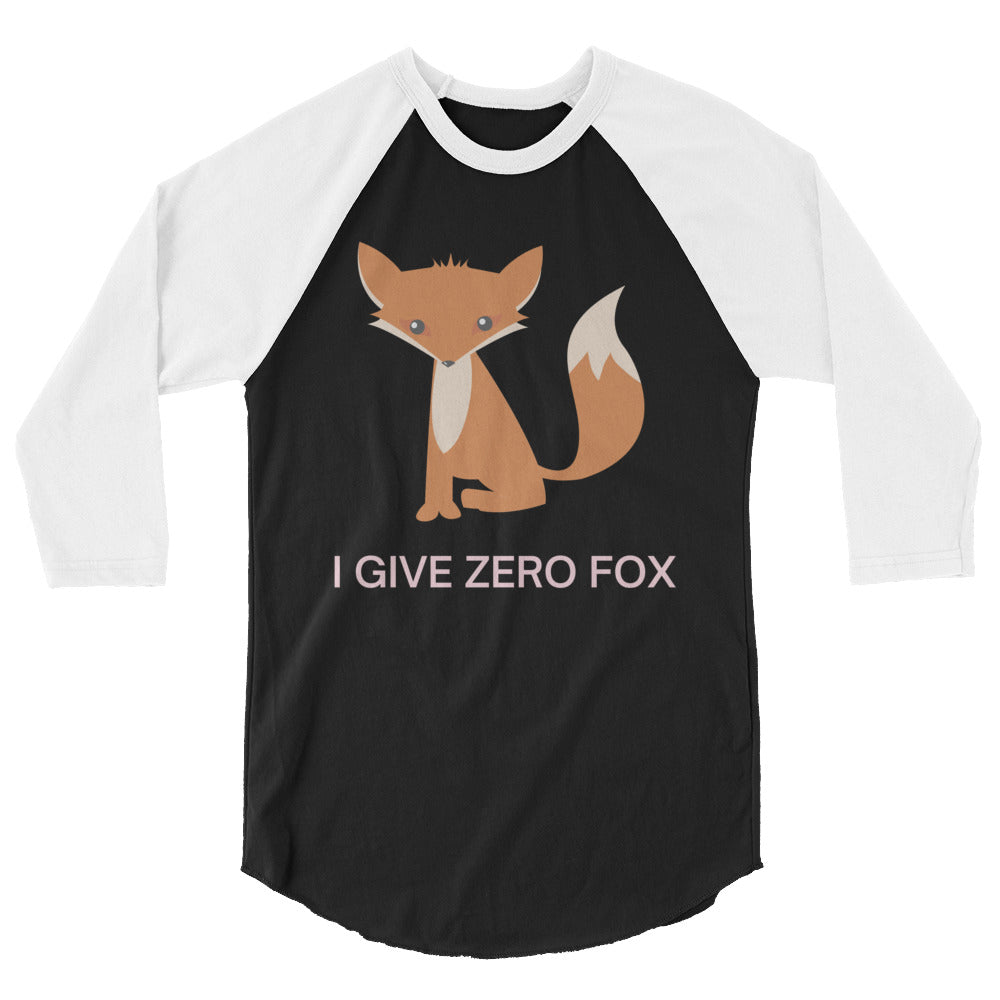 Front-view black-and-white raglan shirt with a fox and “I GIVE ZERO FOX” text