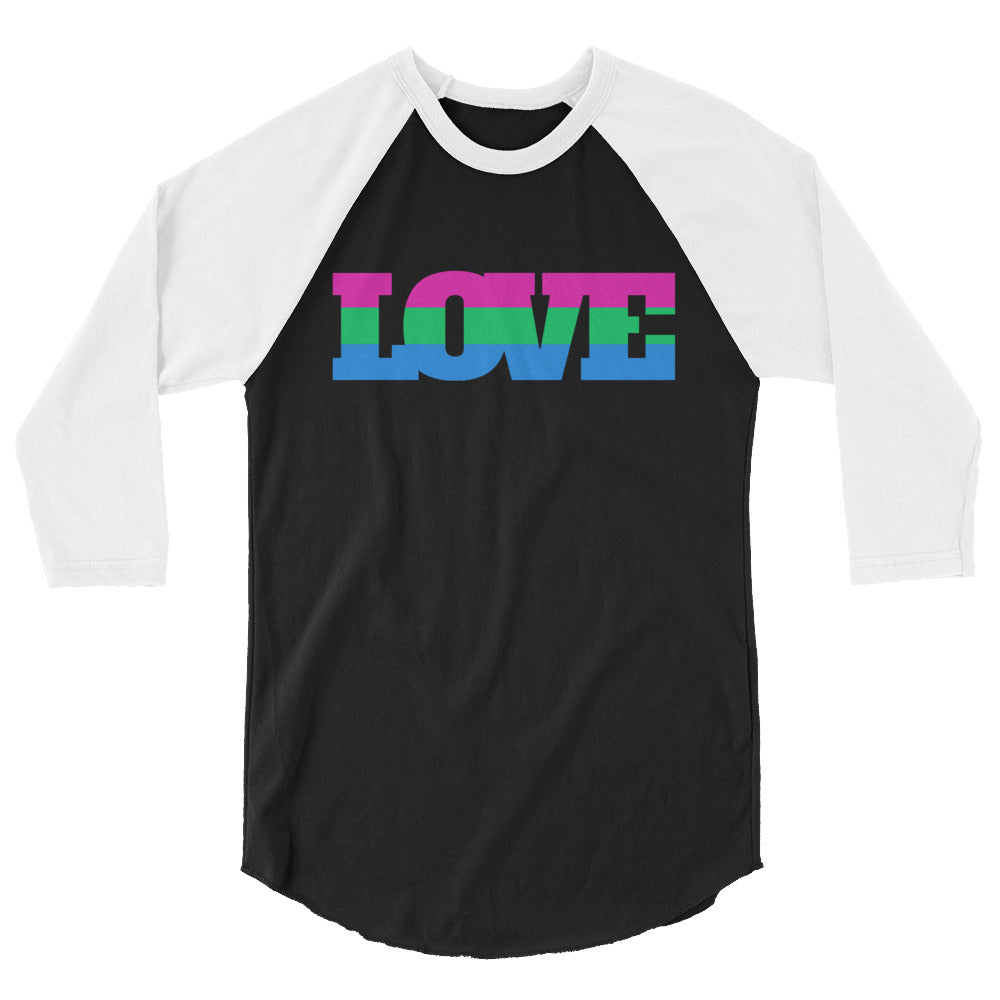 Front-facing black-and-white raglan shirt with multicolored “LOVE” lettering