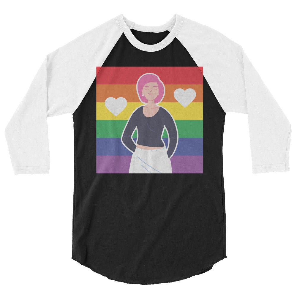 Front view of a black-and-white raglan shirt with a rainbow-striped illustration and hearts