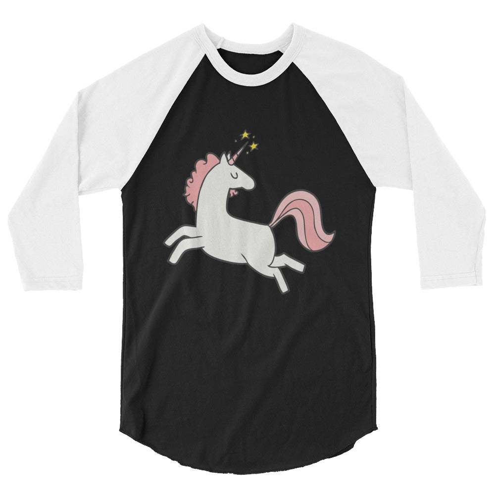 Front view of a black-and-white raglan shirt with a pink-maned unicorn graphic