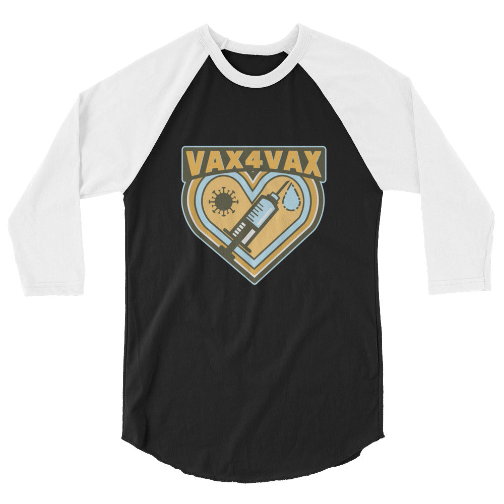 Front view of a black-and-white raglan shirt reading “VAX 4 VAX” above a heart graphic