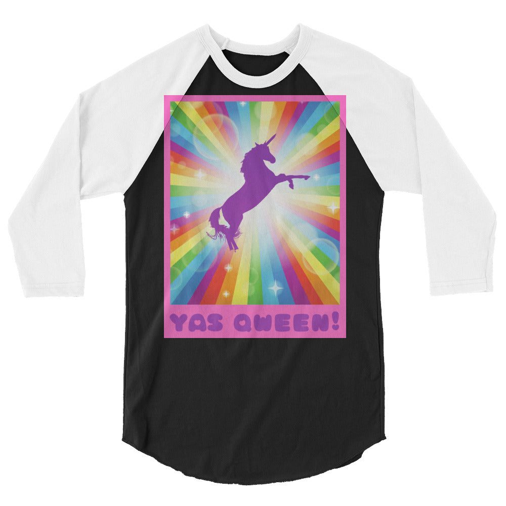 Front view of a black-and-white raglan shirt with a rainbow unicorn graphic and “YAS QWEEN!” text