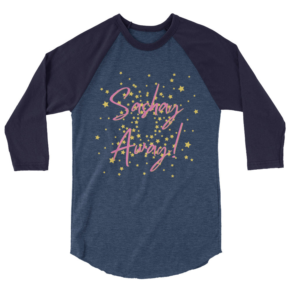 Navy and blue 3/4-sleeve raglan shirt with pink “Sashay Away!” star print