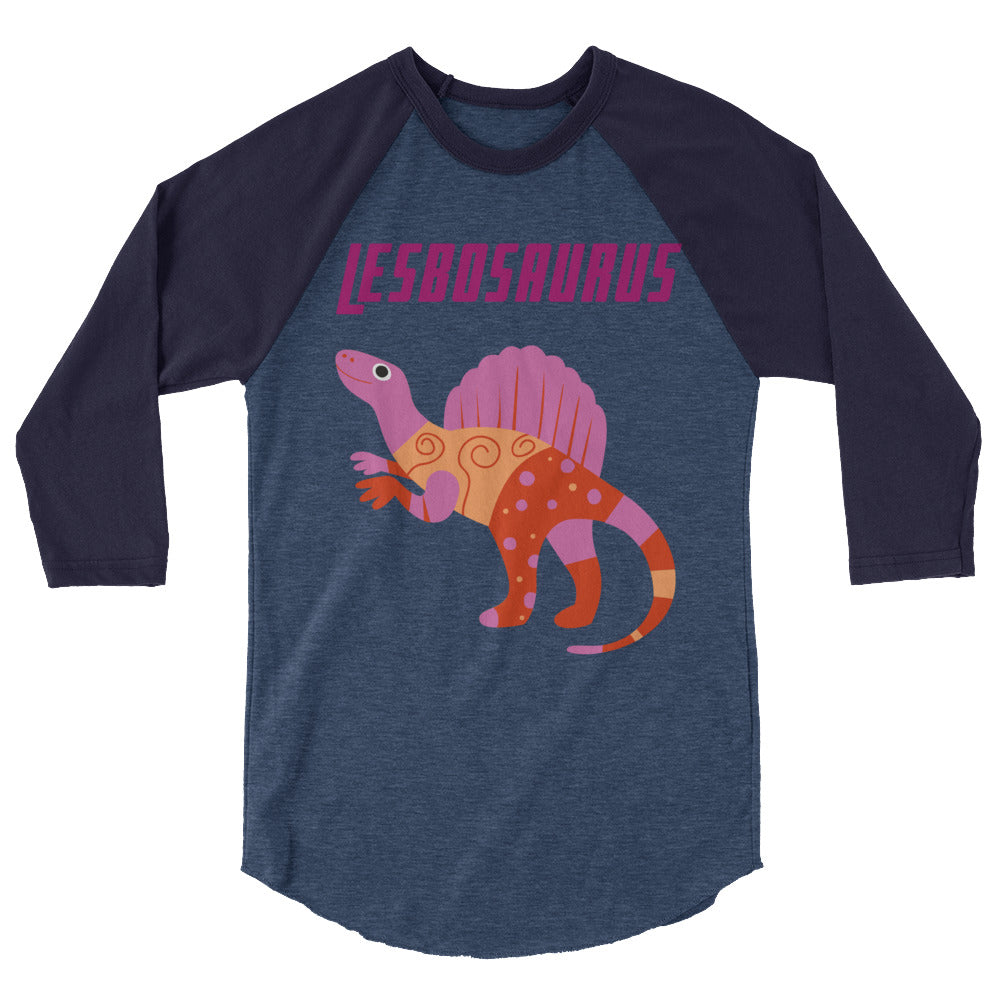 Blue and purple 3/4-sleeve raglan shirt with a colorful Lesbosaurus dinosaur graphic