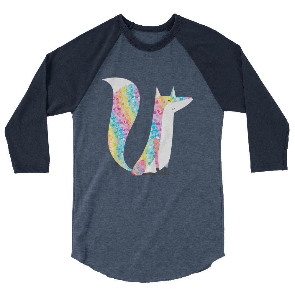 Front-view dark raglan shirt with a colorful glitter-style fox illustration