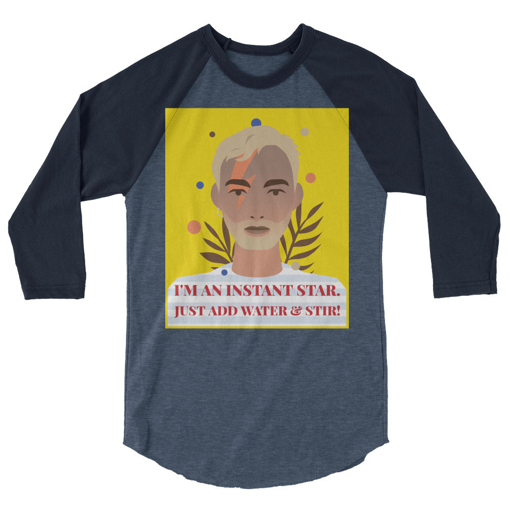 Front view of a navy and gray raglan shirt with a star portrait graphic and text