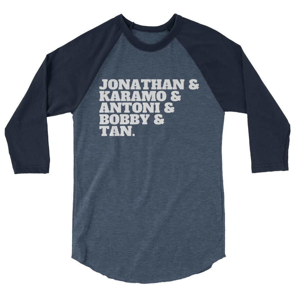 Front view of a charcoal raglan shirt with navy three-quarter sleeves and names printed on the chest