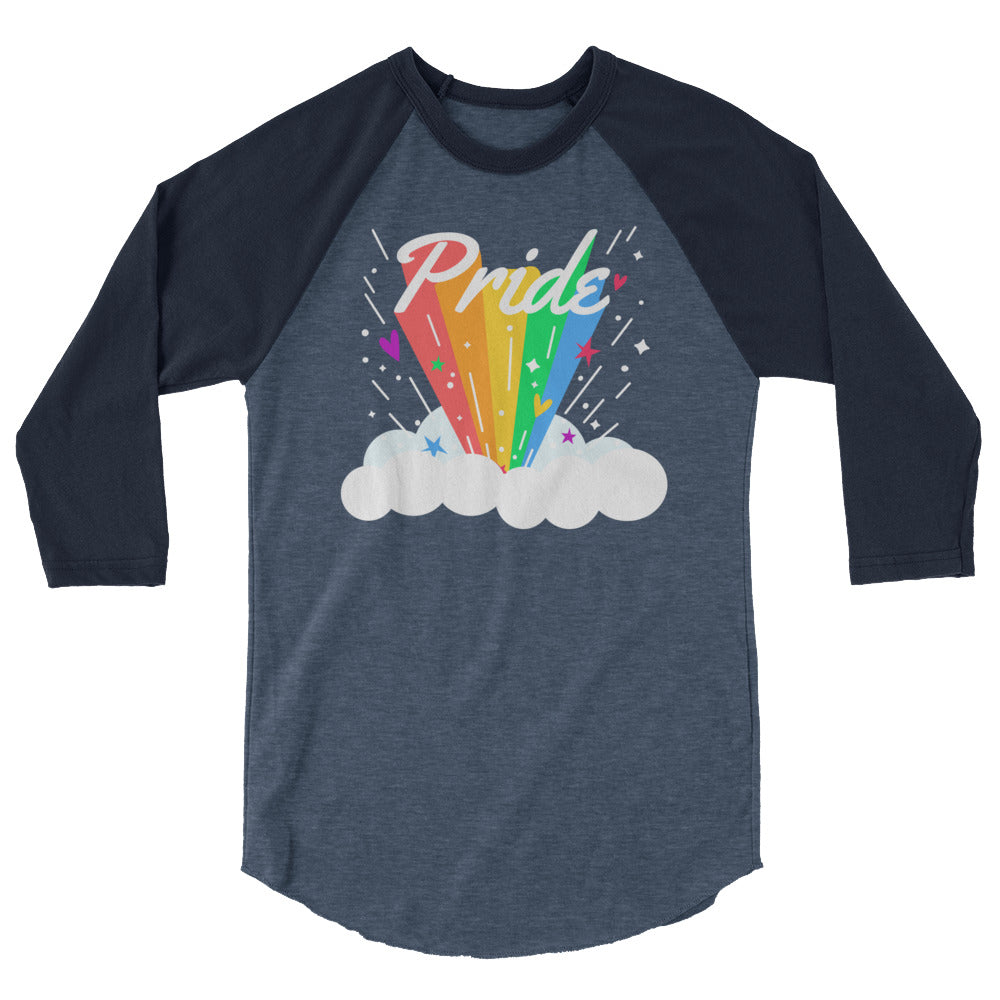 Front view of a dark raglan shirt with rainbow rays, clouds, and “Pride” lettering