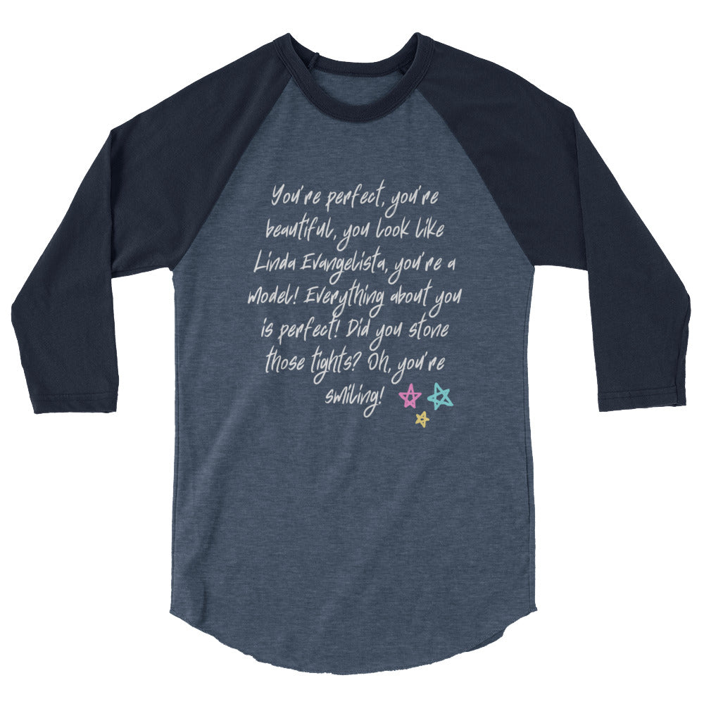Front view of a navy and gray raglan shirt with a Linda Evangelista lyric-style quote