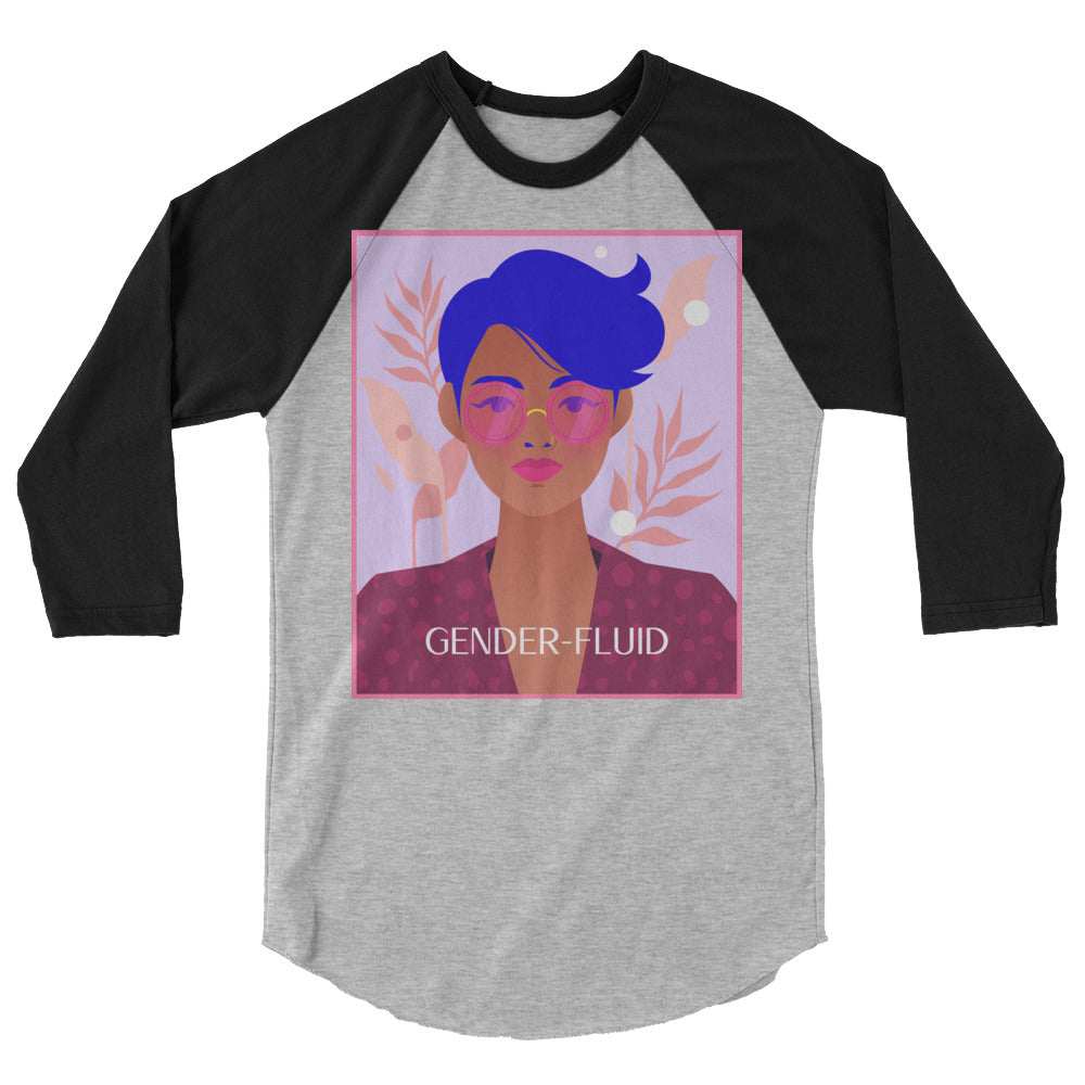 gender fluid outfit: Gender-Fluid 3/4 Sleeve Raglan Shirt with an androgynous face graphic and "Gender-Fluid" text