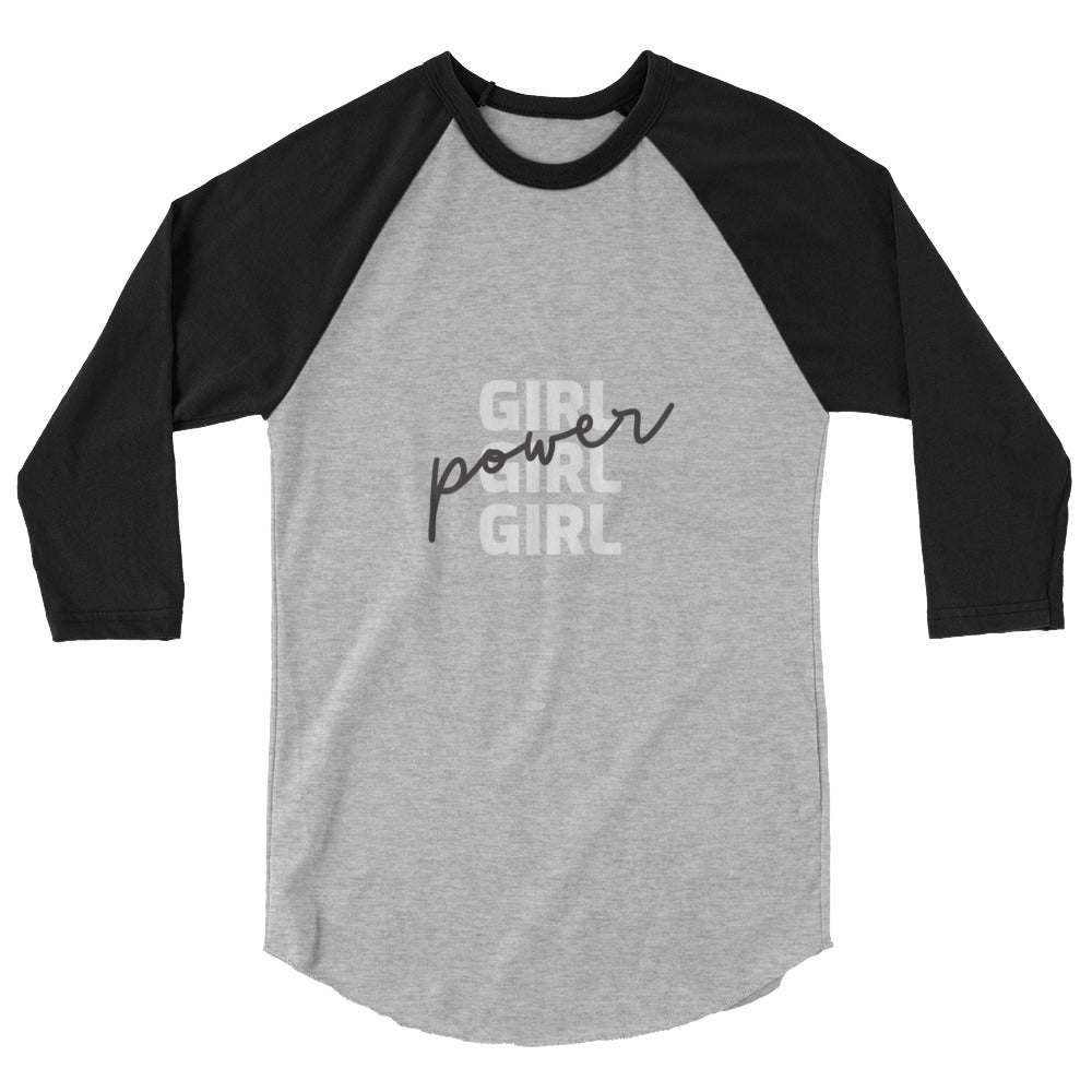 Flat-lay gray raglan shirt with black three-quarter sleeves and “Girl Power Girl” text