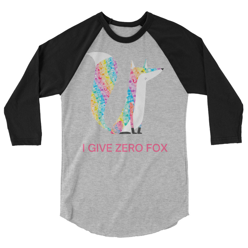 Gray and black raglan shirt with colorful fox graphic and “I GIVE ZERO FOX” text