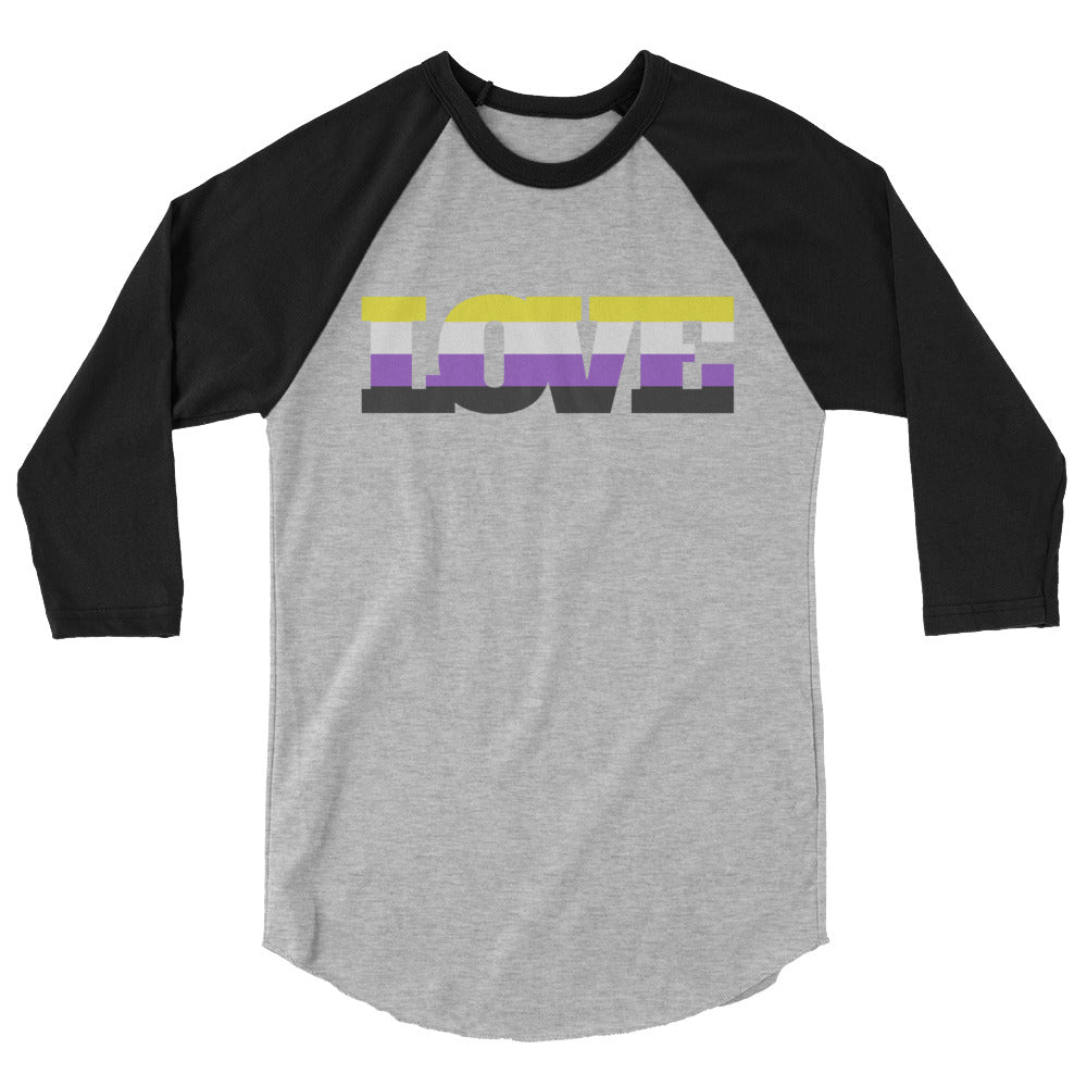 almost non binary shirt: Non-Binary LOVE 3/4 sleeve raglan shirt with "LOVE" in yellow, white, and purple stripes, worn by a