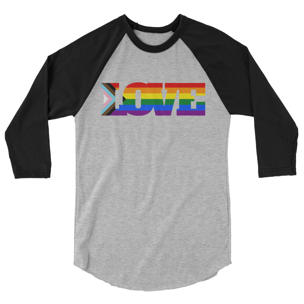 vibradores gays: 3/4 sleeve raglan tee with “LOVE” in rainbow stripes and Progress Pride arrow