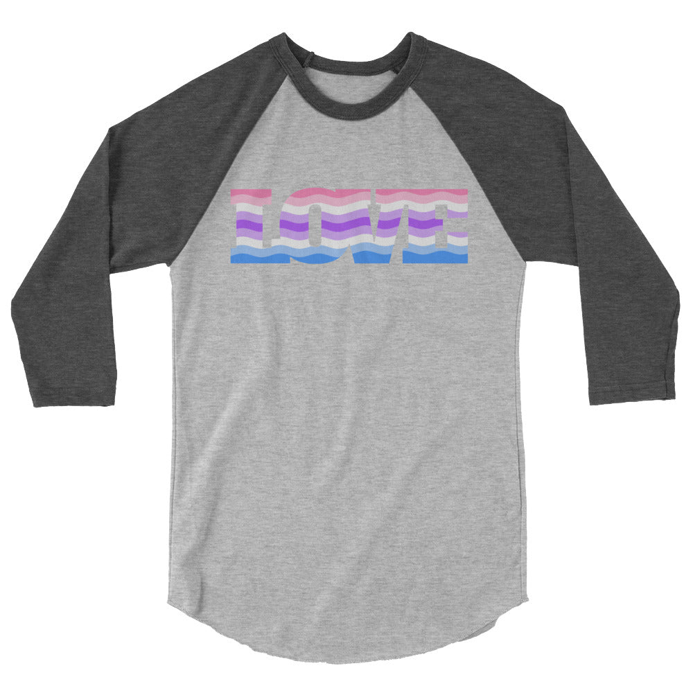 Front-facing gray raglan shirt with dark sleeves and a wavy pastel “LOVE” graphic