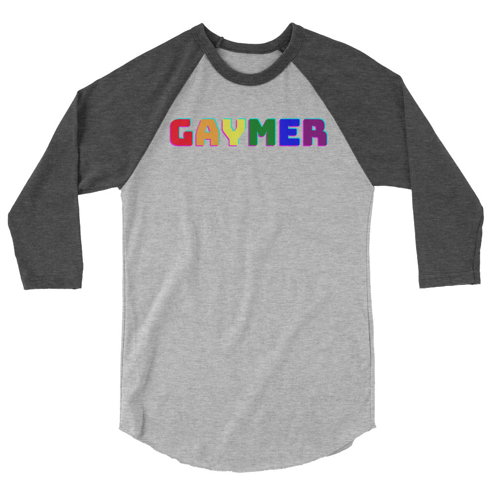 Front view of a gray raglan shirt with dark sleeves and colorful “GAYMER” text